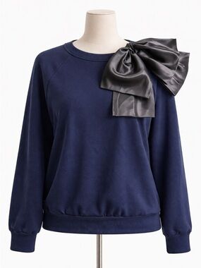 Thread Women’s Medium Navy Bow Sweatshirt Satin Shoulder Statement Top